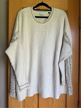 Cabi Slip Stitch Oversized Knit Sweater Cream Beige Waffle Crochet Lace Large